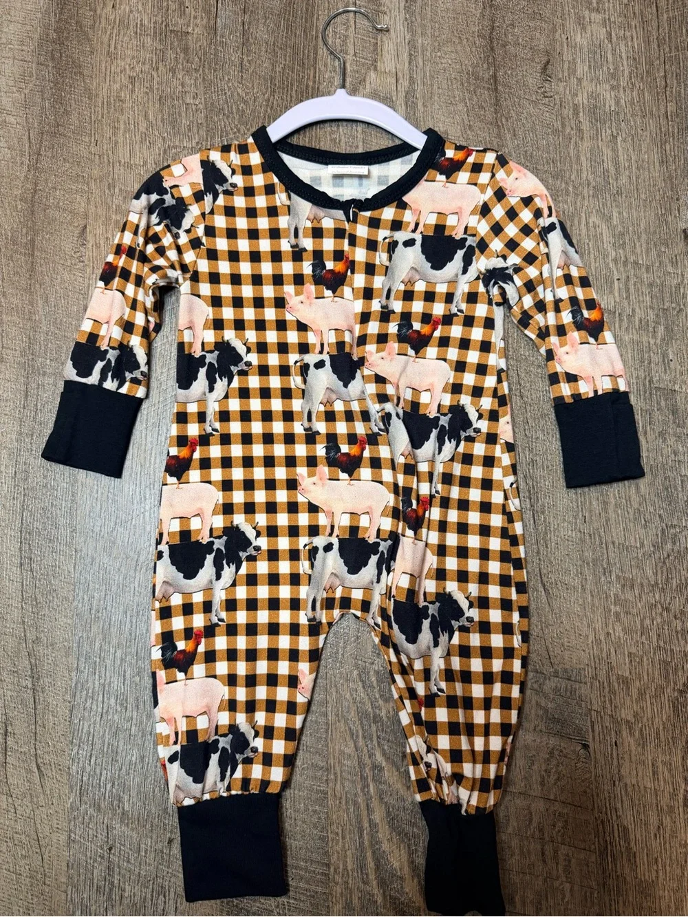 Brand New Bamboo Zippy. Kids Plaid Farm Animal One-Piece Romper - Yellow/Black